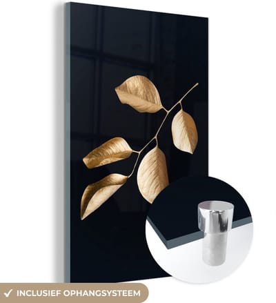MuchoWow® Glasschilderij 120x180 cm - Schilderij acrylglas - Bladeren - Tak - Goud - Luxe - Foto op glas - Schilderijen
