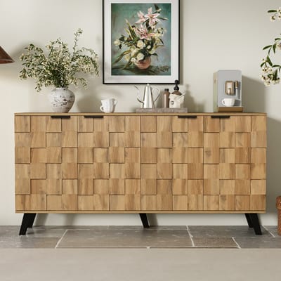 Sweiko Dressoir - 4 Deurs - Geometrisch reliëfdesign - 160.5 x 35.5 x 78 cm - Houtnerf