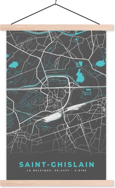 Posterhanger incl. Poster 40x60 cm - Schoolplaat - Stadskaart – Grijs - Kaart – Saint Ghislain – België – Plattegrond - Textielposter - Blanke latten - Stadskaart