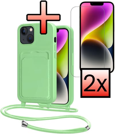 Hoes Geschikt voor iPhone 13 Hoesje Pasjeshouder Cover Met Koord Case Siliconen Hoes Met Telefoonkoord en Kaarthouder Met 2x Screenprotector - Groen