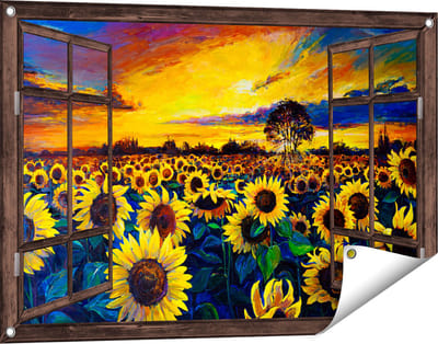 Gards Tuinposter Doorkijk Getekende Zonnebloemen Veld met Olieverf - 90x60 cm - Tuindoek - Tuindecoratie - Wanddecoratie buiten - Tuinschilderij