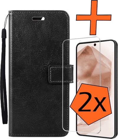 Hoes - Met 2x Screenprotector - Geschikt voor Samsung Galaxy A55 - Luxe Pasjeshouder - Bookcase Portemonee - Flip Case - Kunstleer Book Case - Flipcase Hoes - Book Cover - Walletcase - PortemonneeHoes - Zwart