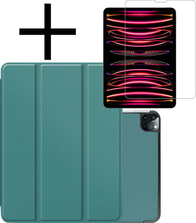 Hoes - Geschikt voor Apple iPad Pro (2022) - 11 inch - 4e generatie - Met Screenprotector - Trifold Bookcase - Hard Cover - Hardcover Book Case - Tablet Hoesje - Donkergroen