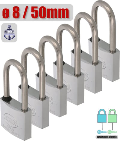 AMIG Hangslot RVS 316 Ø8/50mm Hoge Beugel Met Sleutel Buiten - Marine - 6 Stuks
