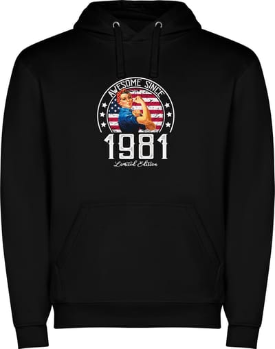 Zwarte unisex hoodie met “ Kleurrijke Awesome Since 1981 Limited Edition – Leeftijd – Verjaardag “ Print Full Color Color merk Roly maat S