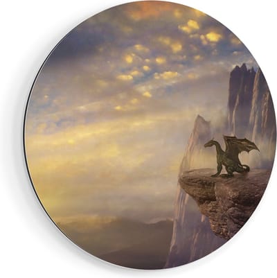 Artaza Dibond Muurcirkel Draak op een Rots bij Zonsondergang - Ø 50 cm - Klein - Wandcirkel - Rond Schilderij - Voor Binnen en Buiten