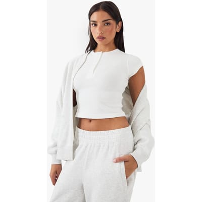 boohoo Dames DSGN Studio Top met knoopdetail en geborduurde korte mouwen | White | Maat: 2XL