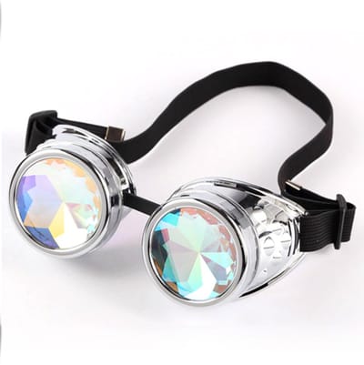 KIMU® Goggles Steampunk Bril - Zilver Chroom Montuur - Caleidoscoop Glazen - Spacebril Burning Man Rave Space Zijkleppen Caleidoscope Diamant Holografisch Festival
