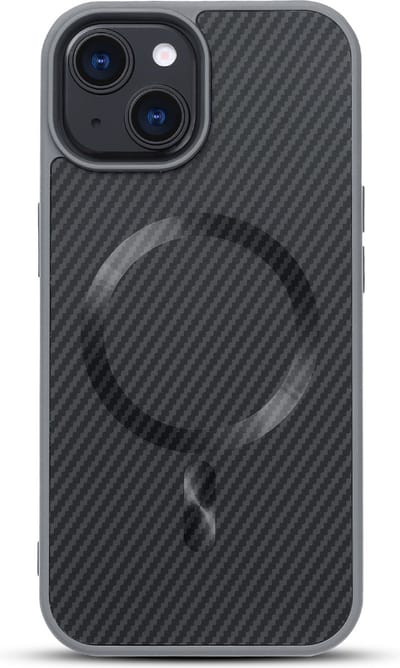Casemania Hoesje Geschikt voor Apple iPhone 15 Plus - Grijs - Carbon Back Cover - Geschikt voor MagSafe