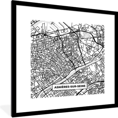Fotolijst incl. Poster Zwart Wit- Frankrijk - Asnières-sur-Seine - Kaart - Plattegrond - Stadskaart - Zwart wit - 40x40 cm - Posterlijst