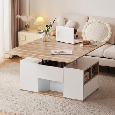 Moderne multifunctionele lift-up salontafel met laden en schuifdeuren, flexibele ruimte, geschikt voor een groot aantal woonstijlen, salontafel voor de woonkamer (wit + originele houtkleur)