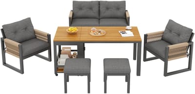 Gutent Loungesets - Buiten Bank Set - Metaal Gestel - Gevlochten Armleuningen - Incl Kussens - Multifunctionele Tafel - Grijs Natuur