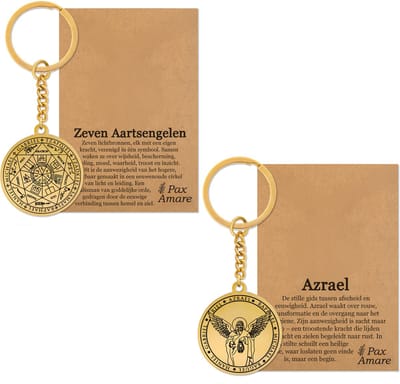 Aartsengel Azraël Sleutelhanger Bundel - Goudkleurig - Set van 2 Beschermengel Sleutelhangers - Spiritueel Medaillon - Pax Amare