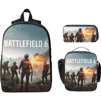 3 Stuks Battlefield 6 Grappige Spellen Rugzak Set voor Kinderen Etui Sets Schooltas Sets met Lunchbox Voor School Leerlingen Rugzak gray