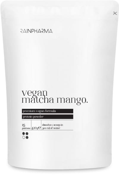 RainPharma Vegan Matcha Mango Eiwitpoeder - Eiwitshake 422g - Plantaardig - Zonder Sucralose - Vegan - 15 Porties - Matcha & Mango - 21 gram eiwitten