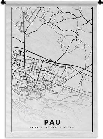 Wandkleed - Wanddoek - Kaart - Stadskaart - Pau - Frankrijk - Plattegrond - Zwart wit - 120x180 cm - Wandtapijt