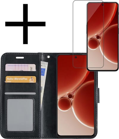 Hoesje - Met Screenprotector - Geschikt voor OnePlus Nord 3 - Luxe Pasjeshouder - Bookcase Portemonee - Flip Case - Kunstleer Book Case - Flipcase - Book Cover - Walletcase - Portemonneehoes - Zwart