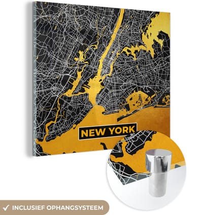 MuchoWow® Glasschilderij 90x90 cm - Schilderij acrylglas - Goud - Stadskaart - Plattegrond - New York - Kaart - Foto op glas - Schilderijen