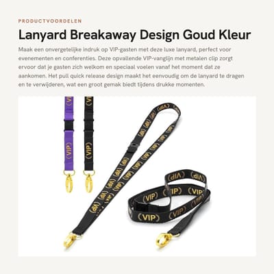 Dailygoods- Lanyard Luxe VIP - Veiligheidsafbreking - Metalen Clip - 1,5 cm Breedte - 51 cm Lengte - Gouden Tekst - Identiteitsband