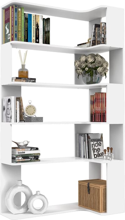 PIPIPOXER-Boekenkast met 6-Laags - L-vormige Hoek Boekenkast Industrieel - Open Opbergplanken voor Woonkamer, Slaapkamer, Thuiskantoor - 90x48x169cm - Wit
