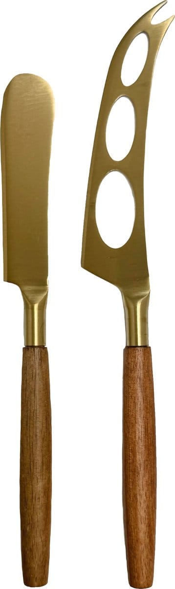 Kaasmessenset - 2-delig - Hout & Goudkleurig RVS - Luxe Cadeau voor Kaasliefhebbers - 3BMT®