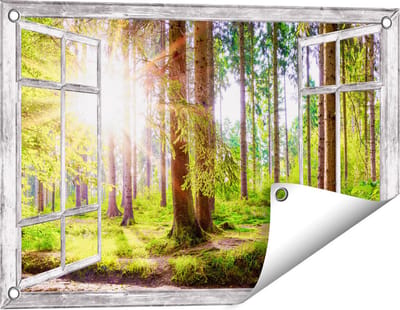 Gards Tuinposter Doorkijk Bos met Zon tussen de Bomen - 60x40 cm - Tuindoek - Tuindecoratie - Wanddecoratie buiten - Tuinschilderij