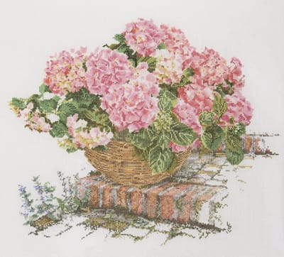 Thea Gouverneur - Borduurpakket met telpatroon - 2047A - Voorgesorteerde DMC Garens - Roze Hortensia - Aida - 44 cm x 39 cm - DIY Kit