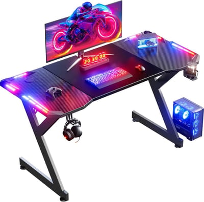 LED Gaming Bureau 140x60cm - Ergonomisch Ontwerp met Carbonfiber Plaat, Inclusief Bekerhouder en Hoofdephanghaak