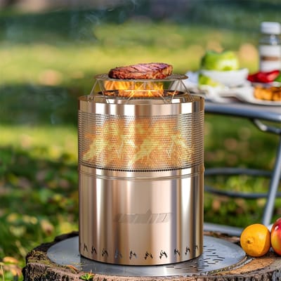 Collox Vuurkorf roestvrijstaal - Kachel met standaard - Rookloos - Veilig brandende kachel - Houtbrander - Ook geschikt om te grillen - Inclusief pook, grill, handschoenen, dekking, draagtas - 36 x 36 x 46 cm