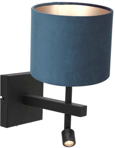 Zwarte wandlamp Stang 8208ZW met leeslamp en blauw velours kap - Metaal, Modern, Draaibaar en Kantelbaar - Steinhauer