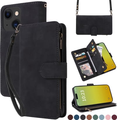 YPCd Wallet Case Pasjeshouder met Rits – Geschikt voor Apple iPhone 15 – Luxe Bookcase Hoesje met 6 Pasjesvakken & Polsbandje – Zwart
