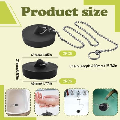 set voor gootsteen en wastafel, 2 stoppen met 40 cm / 15,75 inch ketting en 2 klikstoppen zonder ketting, universele afvoerplug voor keuken, badkamer, douche en badkuip