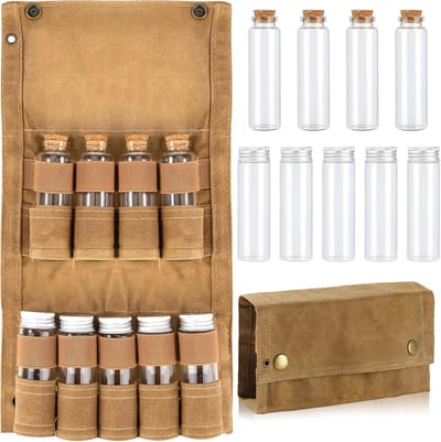 QTTVBTNA – Kruiden Organizer Set - met 9 Potjes - Draagbare - Opvouwbare Kruidentas van Canvas - Reis Specerijenhouder voor Camping BBQ en Outdoor Koken - Compact Overzichtelijk en Lekvrij Ontwerp - Duurzaam en Herbruikbaar - Khaki