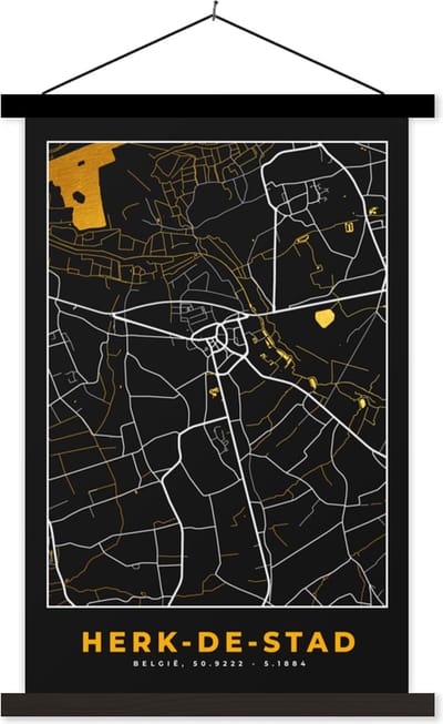 Posterhanger incl. Poster 40x60 cm - Schoolplaat - Herk-de-Stad - Plattegrond - Kaart - Goud - Stadskaart - Textielposter - Zwarte latten - Stadskaart