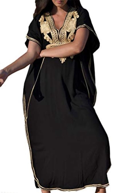 Lange etnisch bedrukte dameszomerjurk - Strandjurk Kimono Maxi Kaftan - Zwart borduurwerk Maxi - One size
