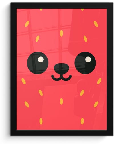 Poster in lijst - Fotolijst 30x40 cm - Posters - Kat - Aardbei - Cartoon - Posterlijst zwart - Decoratie - Wanddecoratie woonkamer - Muurdecoratie slaapkamer