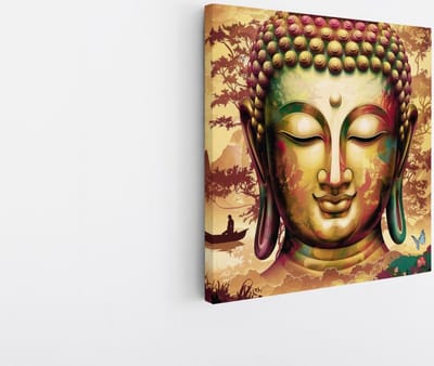 Saammp Canvas Schilderij - Boeddha met vlinders en bloemen - 20x20 - Foto op canvas - Wanddecoratie - Muurdecoratie Woonkamer - Canvas schilderijen
