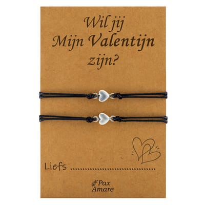 Koppel Armbandjes voor 2 "Wil jij Mijn Valentijn zijn?" - Kleine Hartjes - BFF Armbandjes met Cadeau Kaartje - Zwart & Zilverkleurig - Elastisch Verstelbaar - Pax Amare