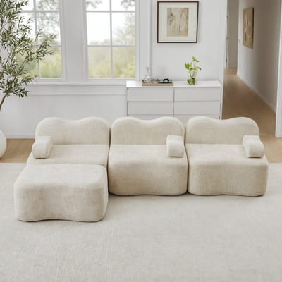 MODFU Modulaire Hoekbank - Diepe Zitting En Zonder Binnenframe - Golfvormig Ontwerp - Voor Woonkamer - Fluweel - Beige