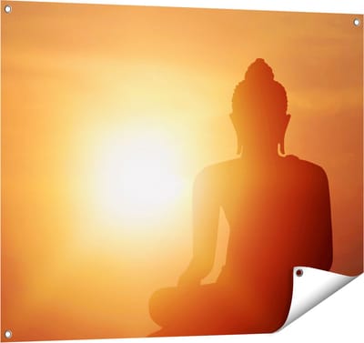 Gards Tuinposter Silhouet van een Boeddha Beeld met Zonsondergang - 100x80 cm - Tuindoek - Tuindecoratie - Wanddecoratie buiten - Tuinschilderij