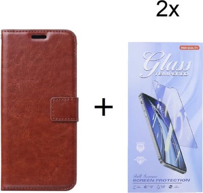 Bookcase Geschikt voor: Samsung Galaxy A05s Bruin - Portemonnee hoesje met 2 stuk Glas Screen protector - Book Cover