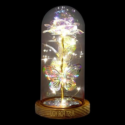 Glazen Roos - Kunstbloem Decoratie - Romantische Sfeer - Met LED Verlichting - 13x13x13 cm - Transparant
