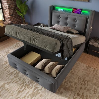 MODENUIT Gestoffeerd bed 90x200 cm – Led-hoofdbord met usb-c – Opbergruimte – Zonder matras – Katoen-linnen – Grijs