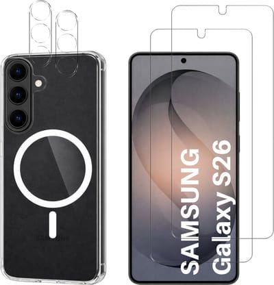 Samsung Galaxy S26 Hoesje backcover Shockproof siliconen Transparant met geïntegreerde magnetische cirkel + 2 gehard glazen screenprotectors + 2 Camera Protector van glas