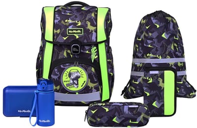 McNeill schooltas Bravo Schoolbag Set 9-delig Dinopark zwart neongroen