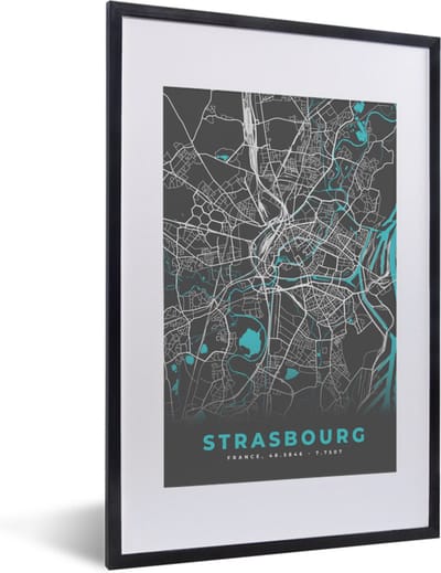 Fotolijst incl. Poster - Strasbourg - Frankrijk - Plattegrond - Kaart - Stadskaart - 40x60 cm - Posterlijst