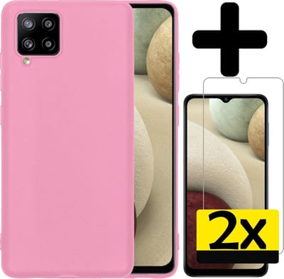 Hoesje - Met 2x Screenprotector - Geschikt voor Samsung Galaxy A12 - Sterk & Shockproof - Back Cover - Siliconen Case - Telefoon Hoes - Telefoonhoesjes - Roze