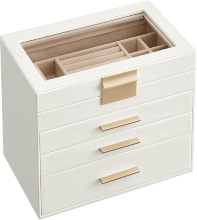 Famanu – Juwelendoos met 4 niveaus en glazen deksel, 3 laden, modern ontwerp voor het opbergen van sieraden en zonnebrillen