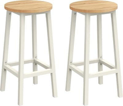 Barkruk Set van 2 – Industrieel Design – Staal & Houtlook – Zithoogte 74 cm – Wit Eiken / Beige
