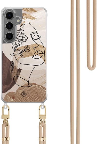 Casimoda® hoesje met koord - Geschikt voor Samsung S24 Plus - Abstract Gezicht Bruin - Afneembaar koord - TPU/polycarbonaat - Bruin/beige